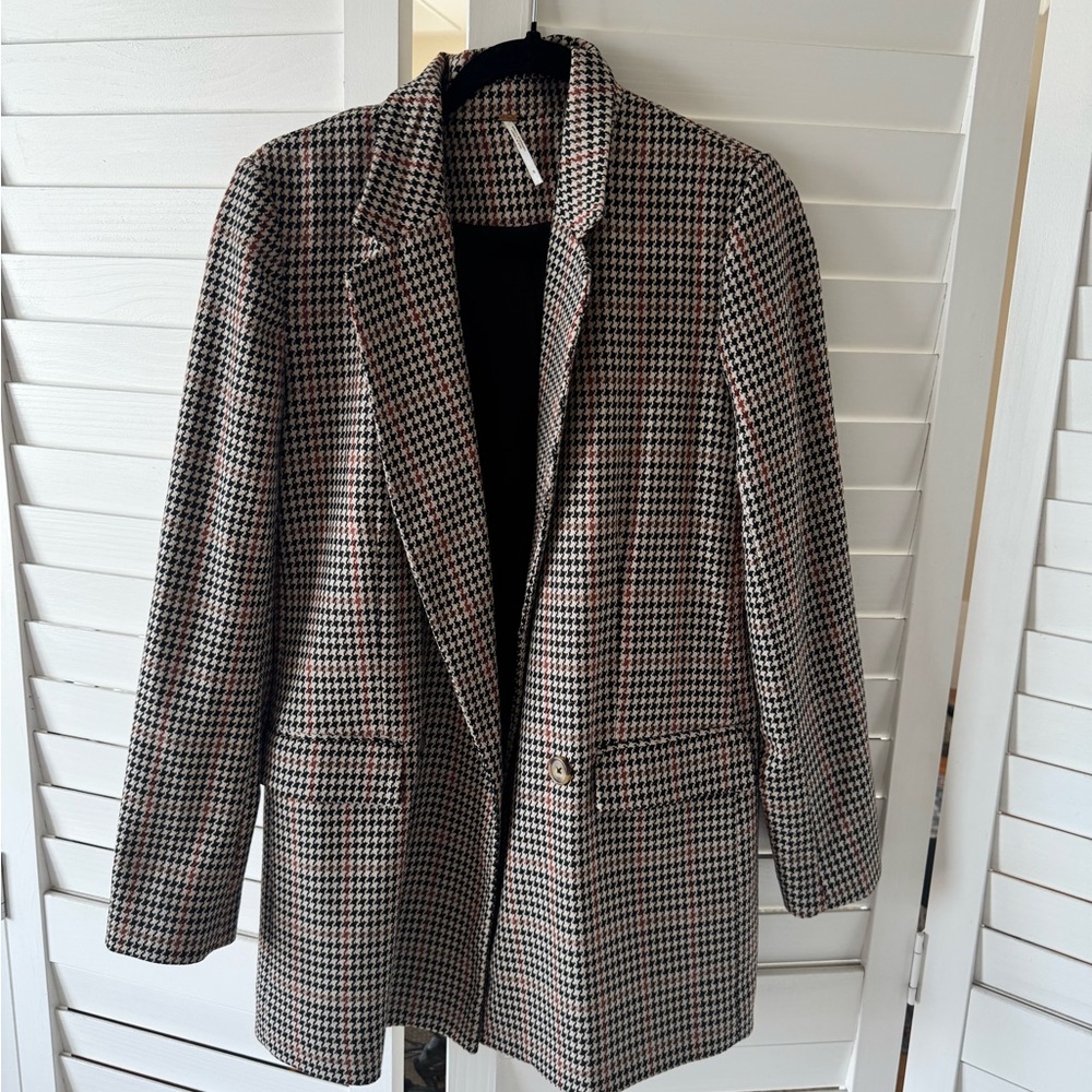 Free People Houndstooth Single-Button Blazer - Black, White & Red
